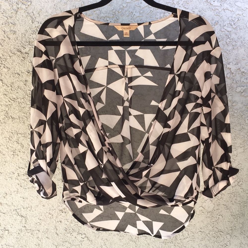 Decree JCP Black White Criss Cross Faux Wrap Geometric Abstract Blouse Shirt Top